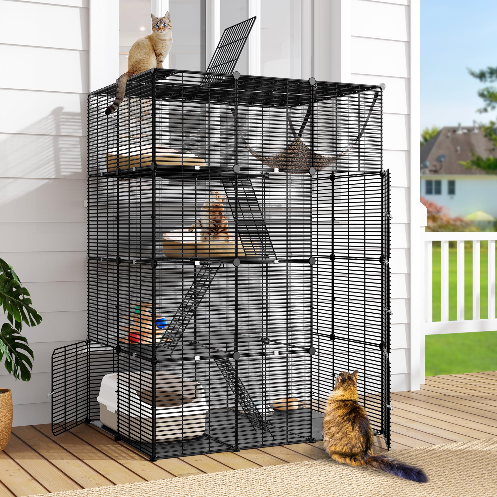 DWVO 4 Tier Large Indoor Cat Cage DIY Pet Playpen with Hammock Detachable Dense Metal Wire for Puppy Rabbit Bunny Chinchilla Squirrel Ferret