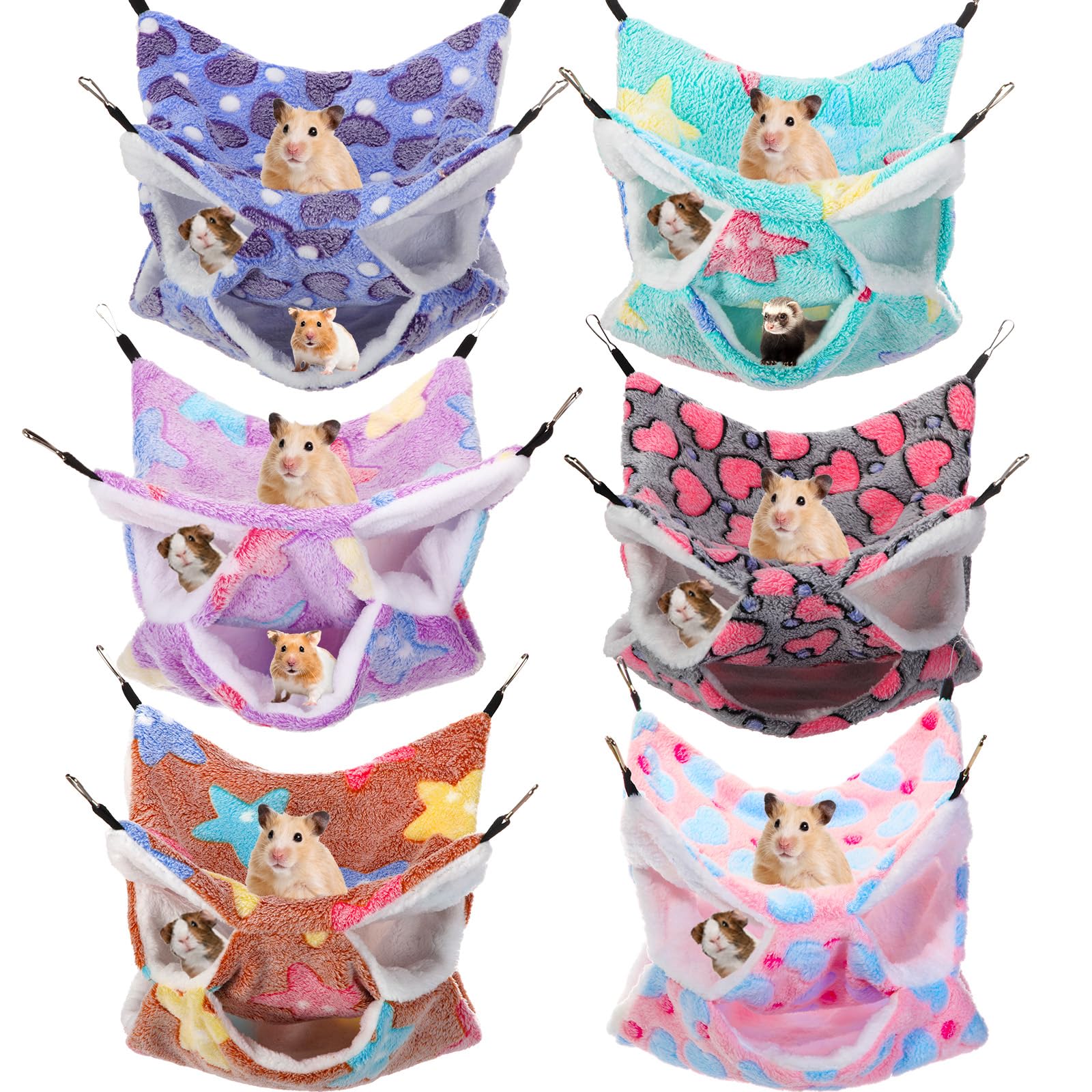 Sadnyy 6 Pieces Guinea Pig Rat Hammock Three Layer Ferret Bed Small Animal Hanging Hammock Pet Cage Hammock for Chinchilla Rat Sugar Glider Squirrel Reptiles(Fresh Pattern)